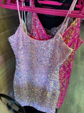 Sequin Embellished Pink Mini Dress with Spaghetti Straps